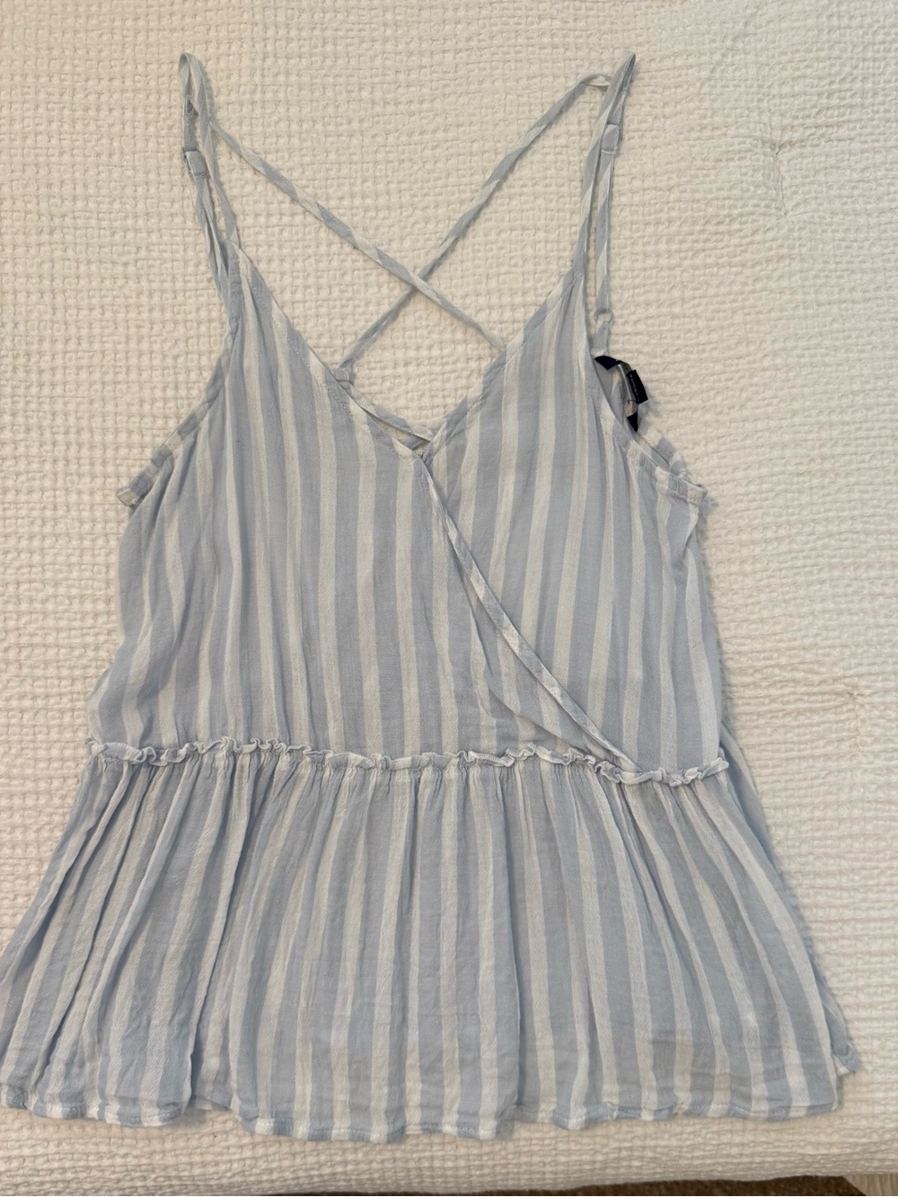 American Eagle Outfitters Pale Blue & White Striped Crossback Peplum Tank